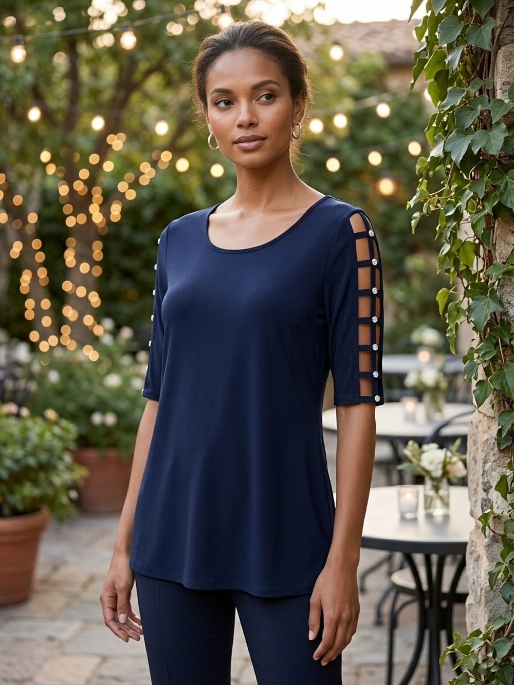 Women's Navy Blue Lattice Embellished Crystals Sleeve Summer Tunic Top Medium
